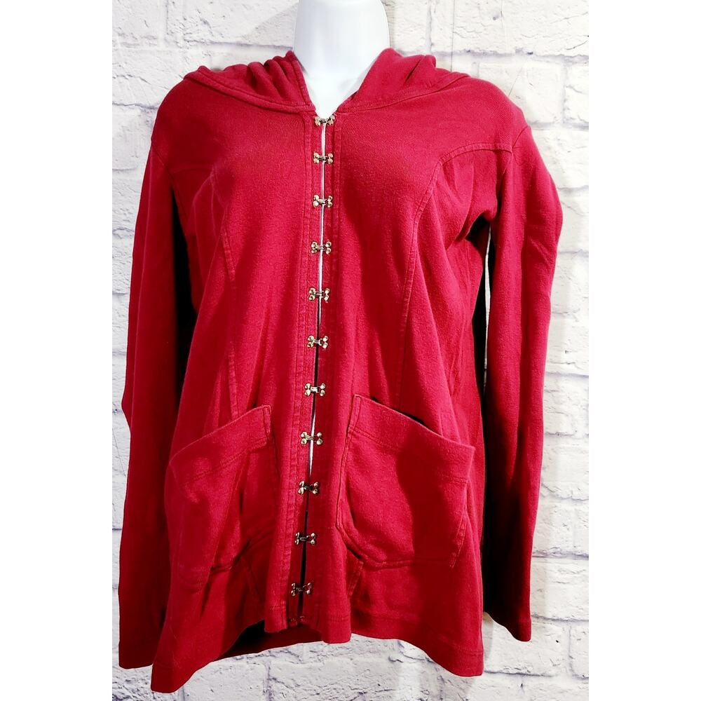 Barbara Lesser Burgundy Hooded Hook & Eye Cardigan Small Pockets Long Sleeves